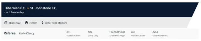 The referee taking charge of tonight's match is Kevin Clancy, with Willie Collum in the VAR chair