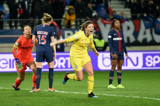 Maren Mjelde celebrates scoring for Chelsea against PSG in the Women's Champions League