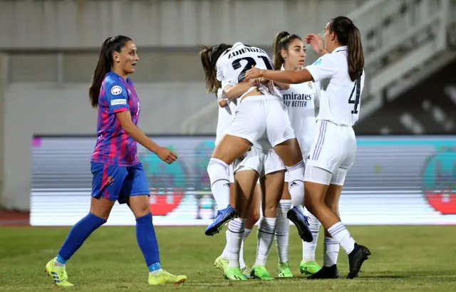 Esther Gonzalez of Real Madrid celebrates with teammates after scoring their team first goal during the UEFA Women's Champions League group A match against FK Vllaznia