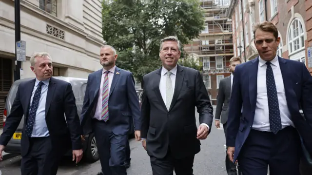 Sir Graham Brady (2-R), Chair of the 1922 Committee, and Co-Chair of the Conservative Party Ben Elliot (R) leaving Conservative Central Office prior to the announcement of the new Leader of the Conservative Party in London, Britain, 05 September 2022