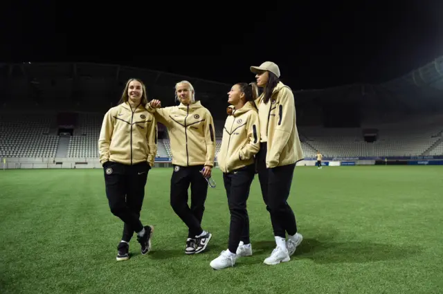 Chelsea's Niamh Charles, Pernille Harder, Johanna Rytting Kaneryd and Zecira Musovic take in the Stade Jean-Bouin ahead of their Women's Champions League group-stage game