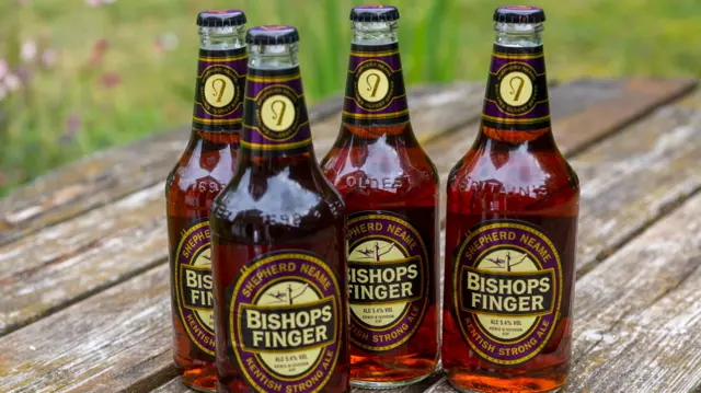 Four bottles of Bishops Finger Kentish strong ale brewed by Shepherd Neame