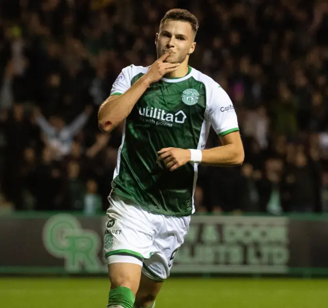 Hibernian's Mykola Kukharevych celebrates making it 1-0 during a cinch Premiership match between Hibernian and St Johnstone at Easter Road