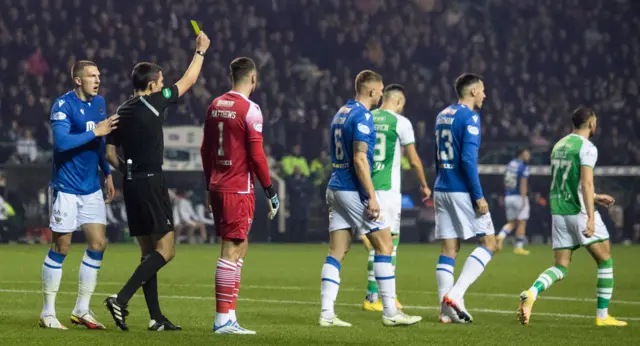 Hibernian's Martin Boyle is booked for a dive by referee Kevin Clancy