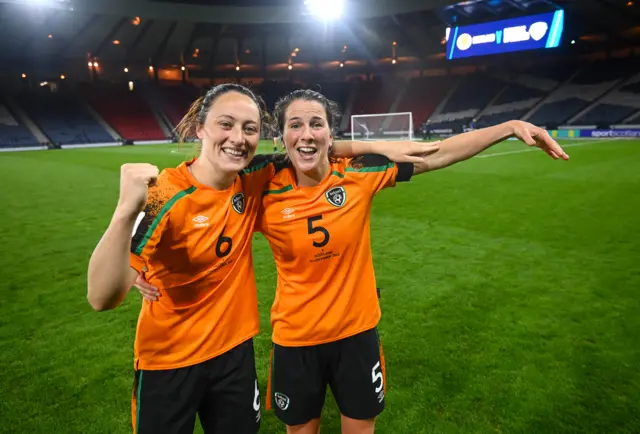 Megan Campbell, left, and Niamh Fahey of Republic of Ireland celebrate