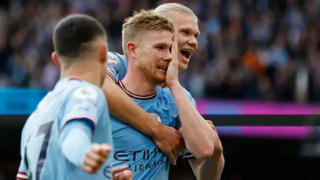 The goal scorers Kevin De Bruyne and Erling Haaland celebrating.