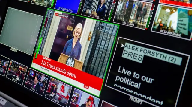 Photo inside BBC News gallery as Liz Truss stands down as PM in Downing Street