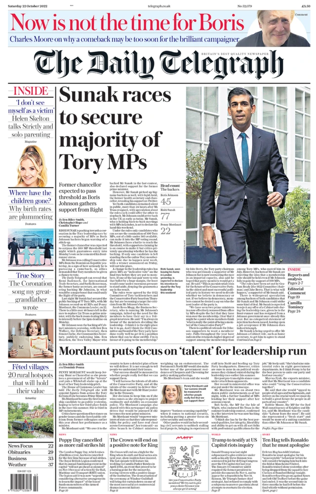 The headline in the Daily Telegraph reads 'Sunak races to secure majority of Tory MPs'