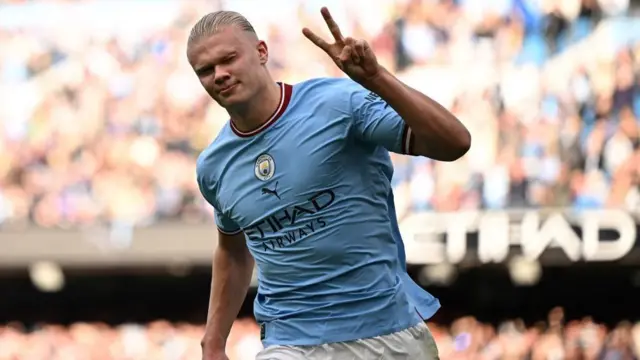 Erling Haaland celebrating his second goal.