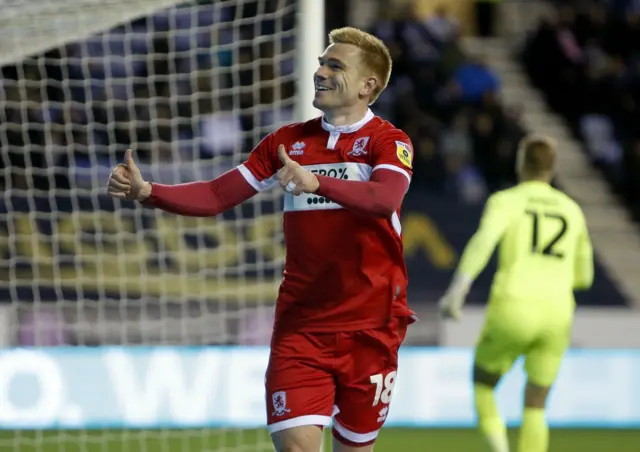 Middlesbrough's Duncan Watmore gives the thumbs-up after scoring against Wigan.