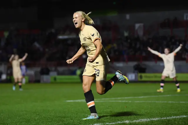 Chelsea's Pernille Harder celebrates her goal in the 2-0 win over Brighton