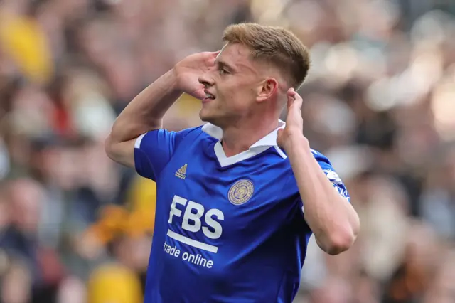 Harvey Barnes celebrates after scoring Leicester's second goal