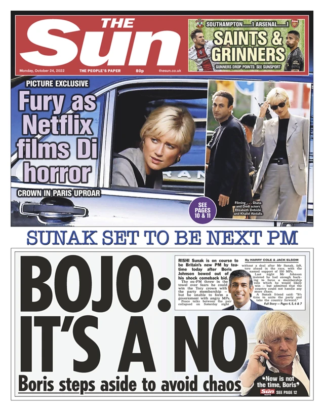 The headline in the Sun reads 'Bojo: It's a no'