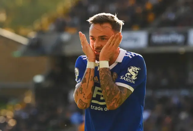 James Maddison celebrates scoring Leicester's third goal of the game.