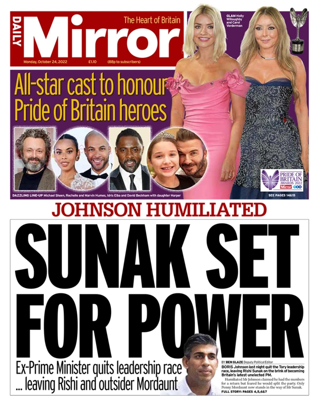 The headline in the Daily Mirror reads 'Sunak set for power'