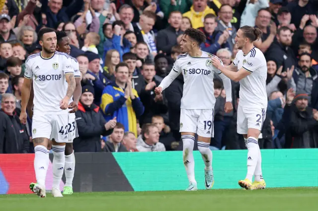 Rodrigo Moreno  celebrates after scoring Leed's first goal