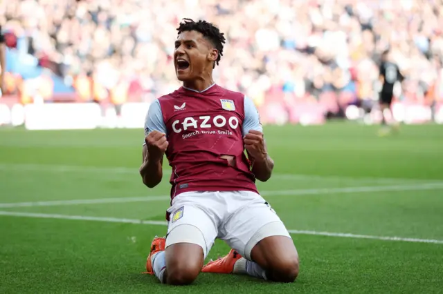 Ollie Watkins celebrates after scoring Aston Villa's fourth goal