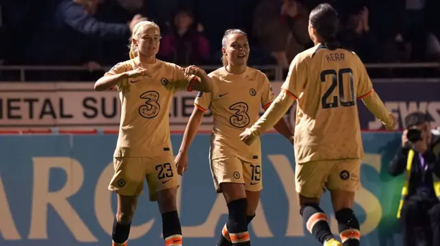 Celebrations of Pernille Harder's goal with Sam Kerr.