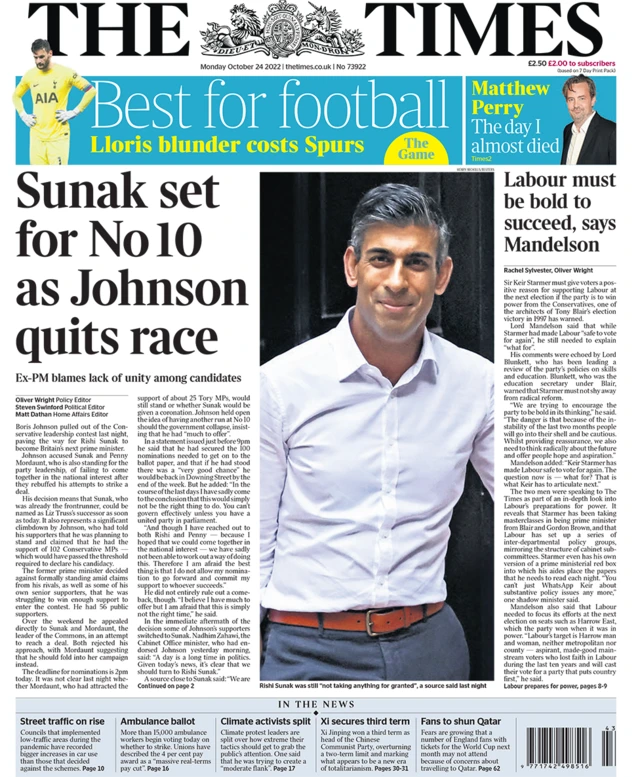 The headline in the Times reads 'Sunak set for No10 as Johnson quits race'