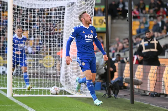 Jamie Vardy's celebrating his 100th Premier League goal since turning 30 extending Leicester's lead