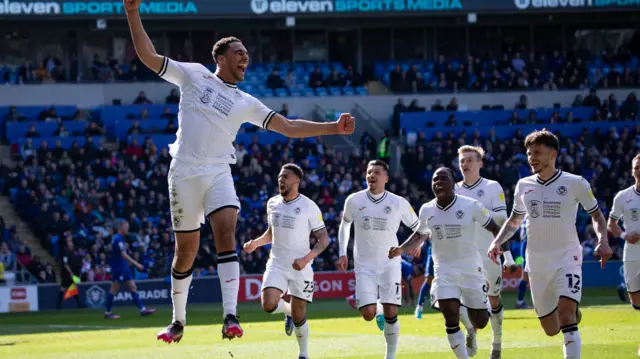 Swansea celebrate Ben Cabango's goal at Cardiff City Stadium last season