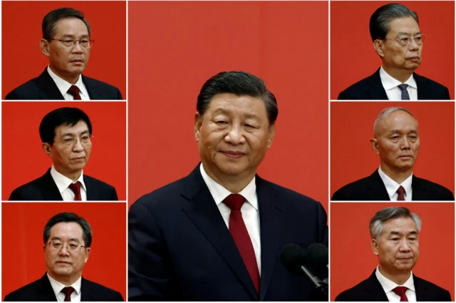 A combination picture shows Chinese leaders Xi Jinping, Li Qiang, Zhao Leji, Wang Huning, Cai Qi, Ding Xuexiang, and Li Xi meeting the media following the 20th National Congress of the Communist Party of China