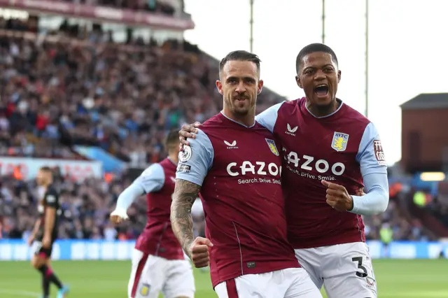 Danny Ings celebrates after scoring a goal to make it 2-0 with Leon Bailey for Aston Villa