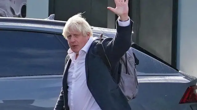 Former Prime Minister Boris Johnson arrives at Gatwick Airport in London, after travelling on a flight from the Caribbean, following the resignation of Liz Truss as Prime Minister.