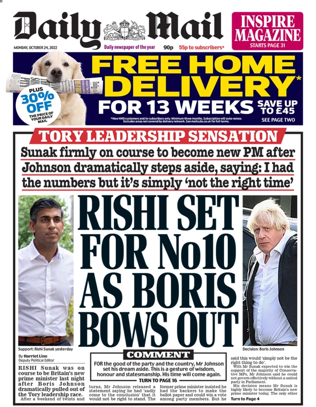 The headline in the Daily Mail reads 'Rishi set for No10 as Boris bows out'