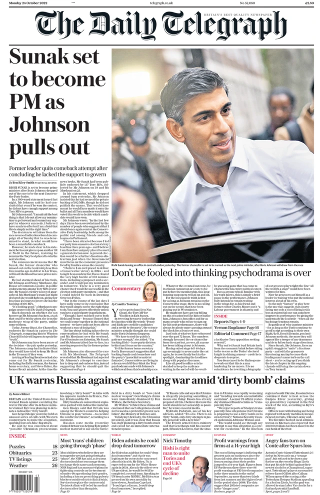 The headline in the Daily Telegraph reads 'Sunak set to become PM as Johnson pulls out'