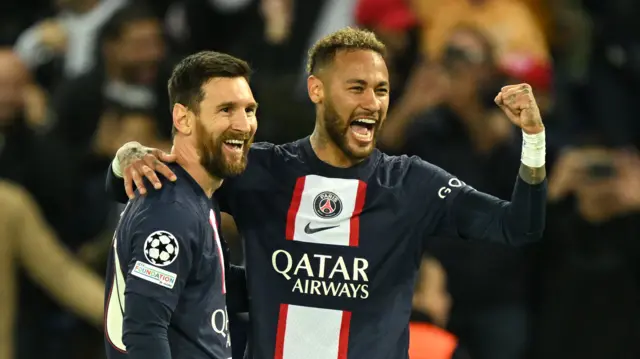 Lionel Messi and Neymar celebrate one of Paris St-Germain's goals against Maccabi Haifa