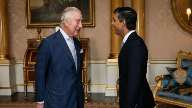 King Charles welcomes Rishi Sunak during an audience at Buckingham Palace