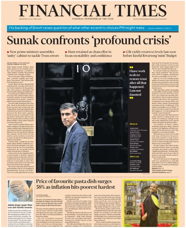 Front cover of today's Financial Times, with the headline: "Sunak confronts 'profound crisis'"