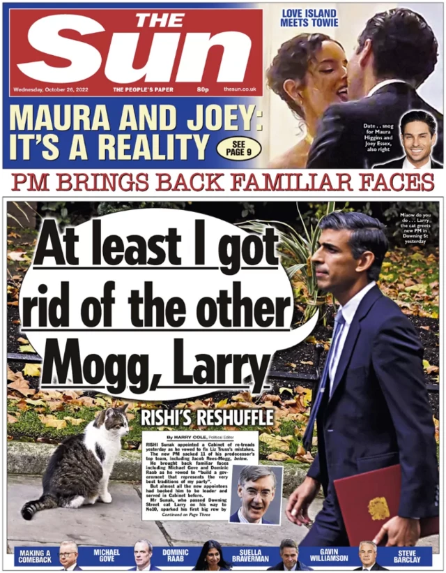 Front cover of today's Sun newspaper, with the headline "at least I got rid of the other Mogg, Larry"