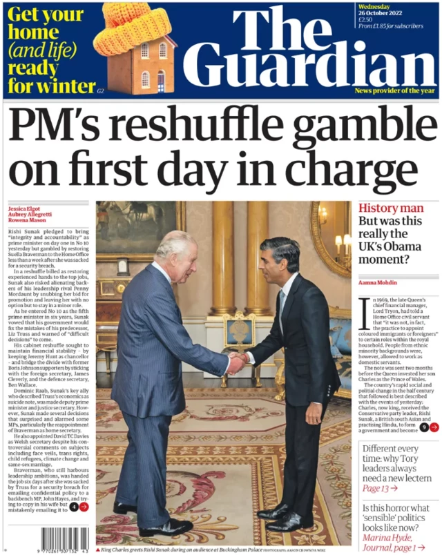 Front cover of today's Guardian newspaper, with a headline reading "PM's reshuffle gamble on first day in charge"