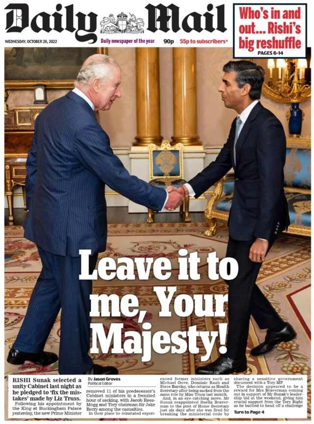 Front cover of today's Daily Mail, with a headline reading "leave it to me, Your Majesty"