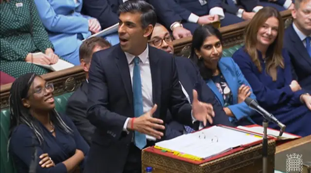 Prime Minister Rishi Sunak speaking during Prime Minister's Questions in the House of Commons, London, his first as Prime Minister