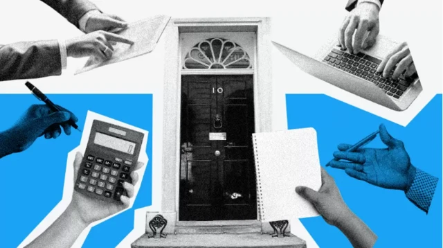 BBC graphic depicting the door of 10 Downing Street and hands holding items such as a calculator and a laptop