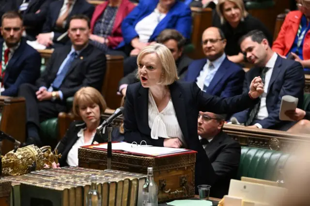 Liz Truss answers a question at the despatch box in the chamber of the House of Commons