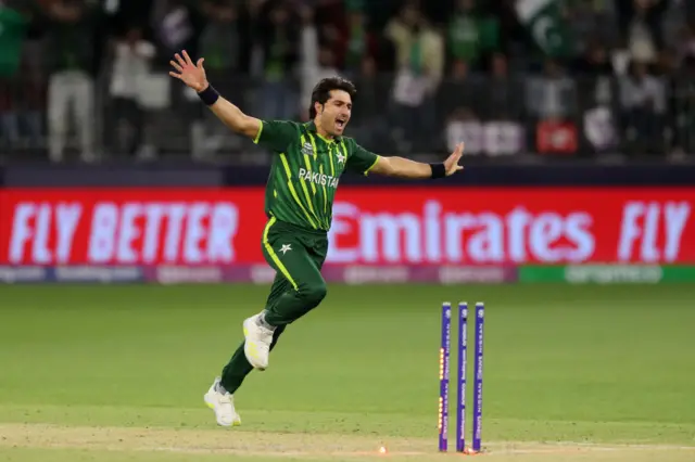 Pakistan's Mohammad Wasim celebrates a wicket v Zimbabwe in T20 World Cup at Perth