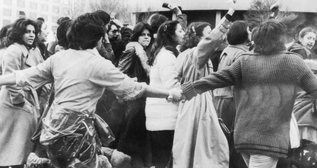 Women demonstrate against mandatory hijab-wearing in Iran in 1979