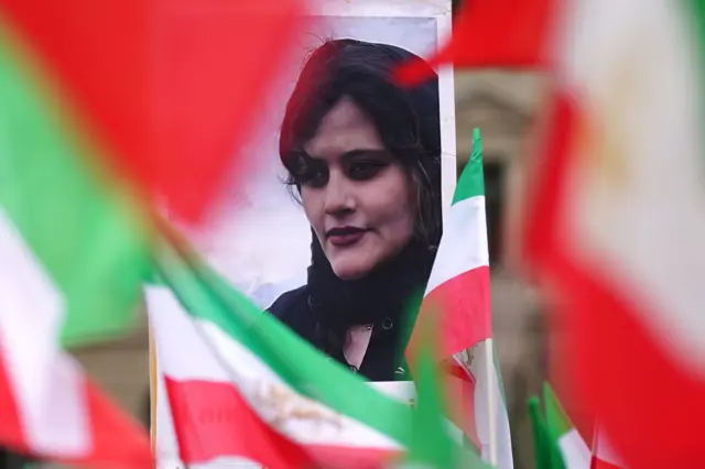 A portrait of Mahsa Amini held up at a protest in Berlin, Germany