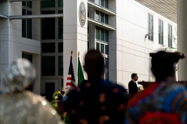 US Secretary of State Antony Blinken speaks with members of civil society at the US Embassy in Abuja, Nigeria, on November 19, 2021.