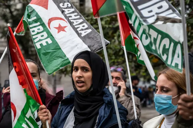 Members of the Saharawi community and supporters are seen with flags and placards during a demonstration in front of the Congress of Deputies where they have gathered to protest against the Spanish government's support for Morocco's autonomy plan for Western Sahara