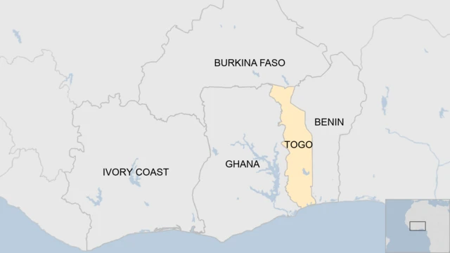 A map showing Burkina Faso, Togo, Benin, Ghana and Ivory Coast