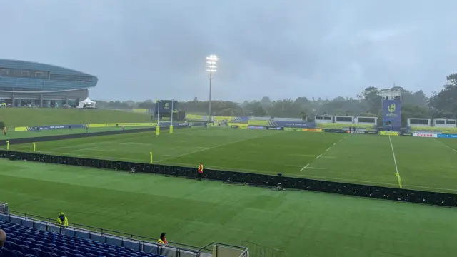 The pitch as rain falls