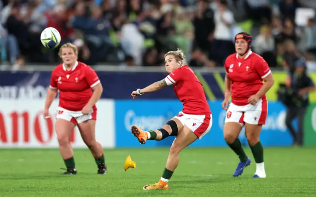 Keira Bevan of Wales kicks a penalty