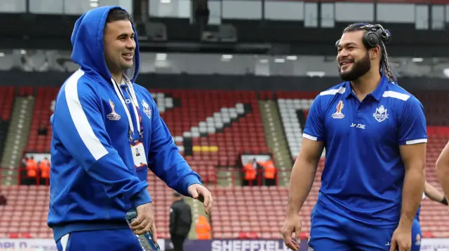 Greece players on the pitch at Bramall Lane