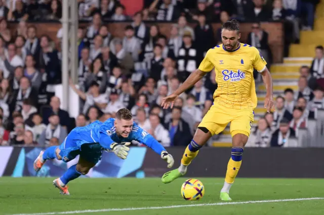 Dominic Calvert-Lewin score past a diving Bernd Leno