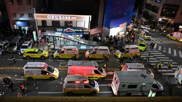 Ambulances arrive on the scene in Itaewon, Seoul